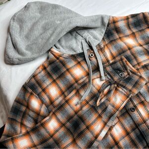 PacSun Plaid Flannel Shirt Mens Large Orange/Black Hoodie Long Sleeve Button Up
